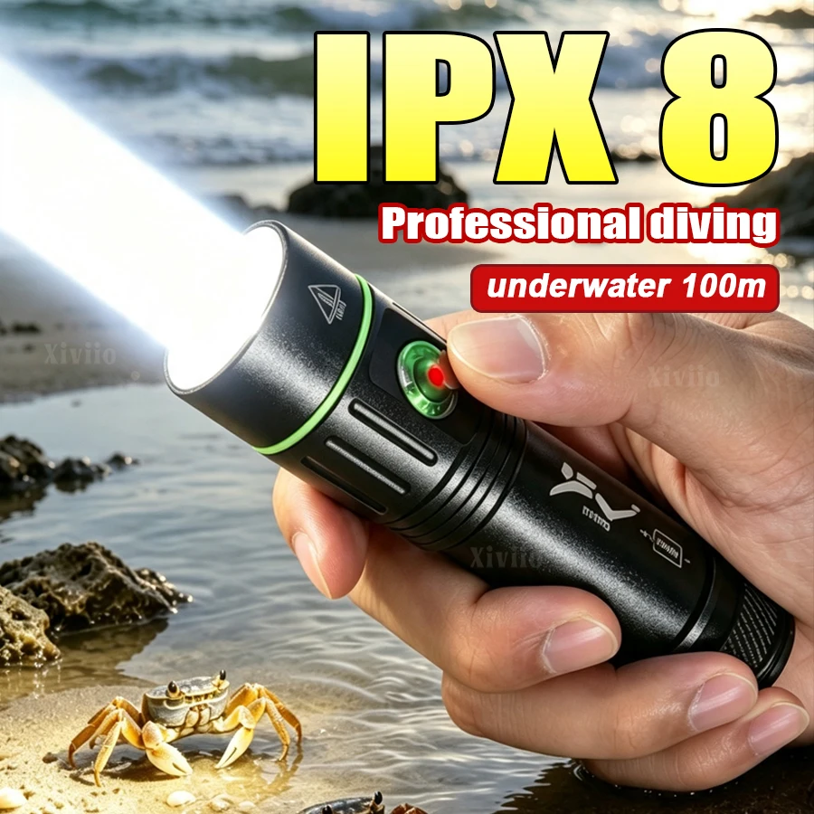 LED Diving Flashlight IPX8 Waterproof Scuba Dive Torch Rechargeable Underwater Light for Snorkeling Beachcombing Tide‑Pooling