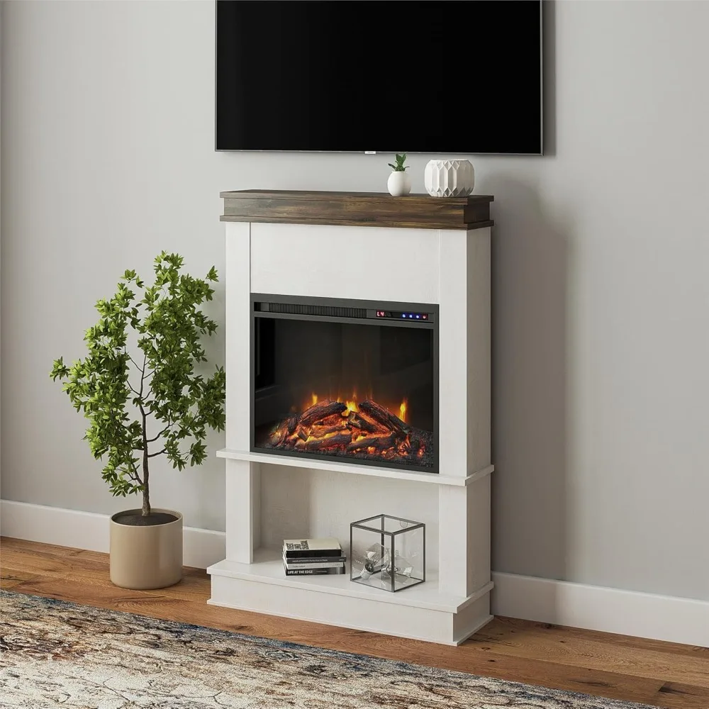 Electric Mantel Fireplace with Open Shelf, Ivory Oak Finish, Eco-Friendly Heating Technology