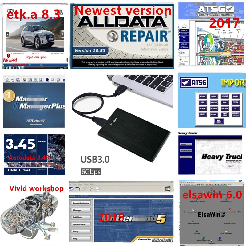 Newest Alldata Car Repair Software Alldata 10.53 Mitchel autodata 3.45 elsawin 6.0 etka 8.3 vivid workshop 49software in 1TB HDD