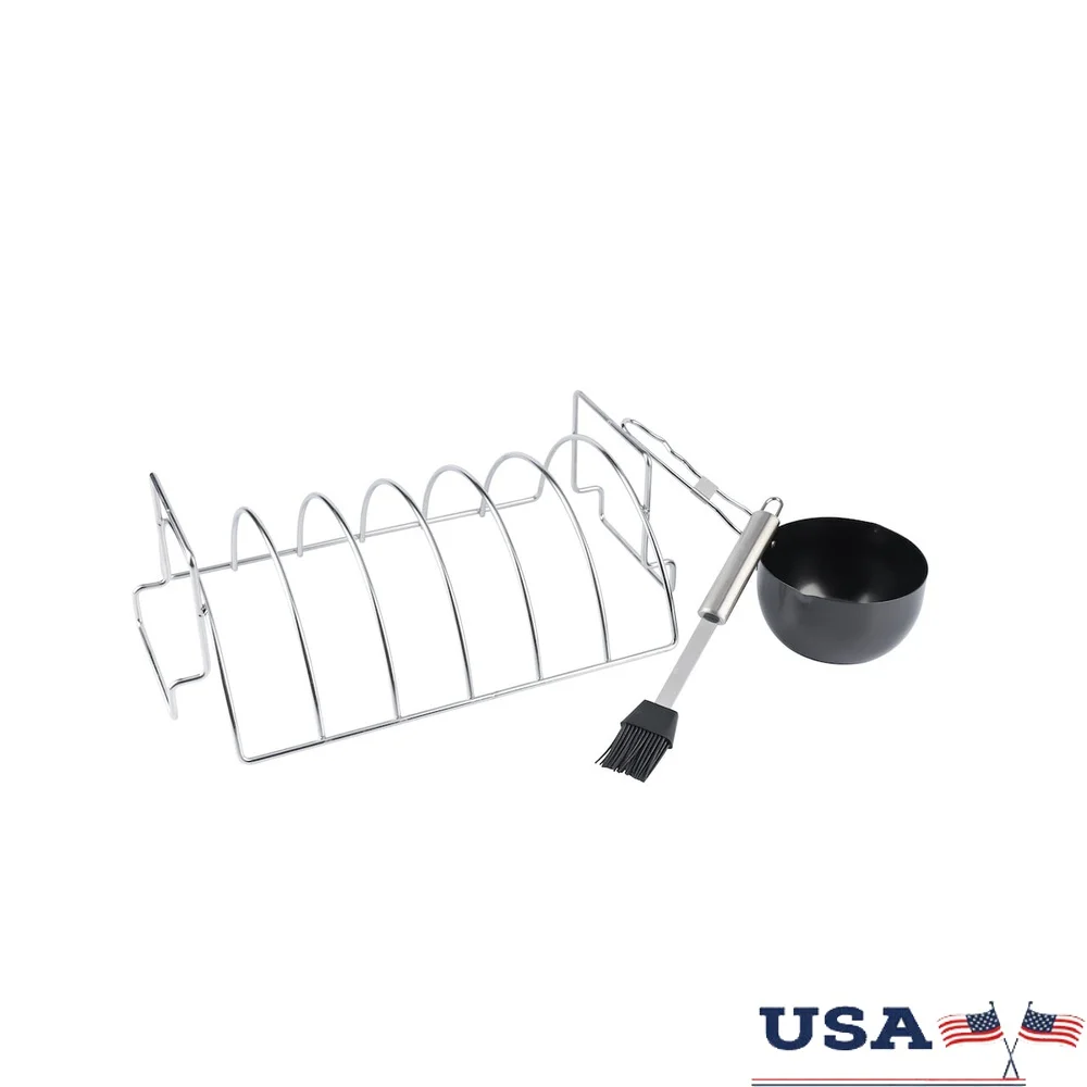 

Stainless Steel Rib Rack Set 6 Slot Grill Accessories with Sauce Pan and Basting Brush Perfect BBQ Cooking