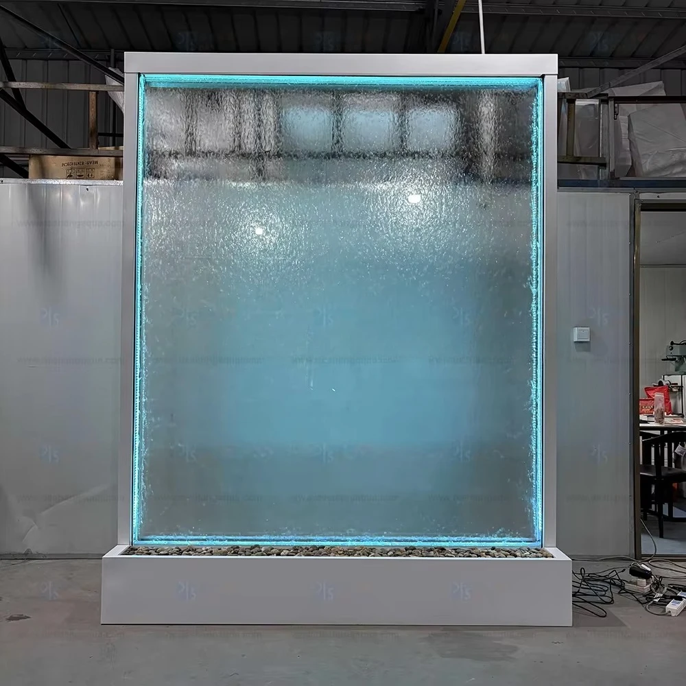 Modern double panel tempered transparent glass waterfall fountain laser cut steel cascade wedding decorations discoloration