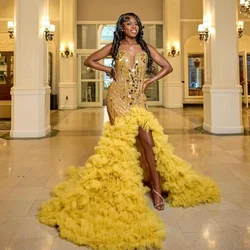 Gold African American Prom Dresses For Black Girls Mermaid Ruffled Crystals Slit Women Robe De Soiree Evening Gown Customized