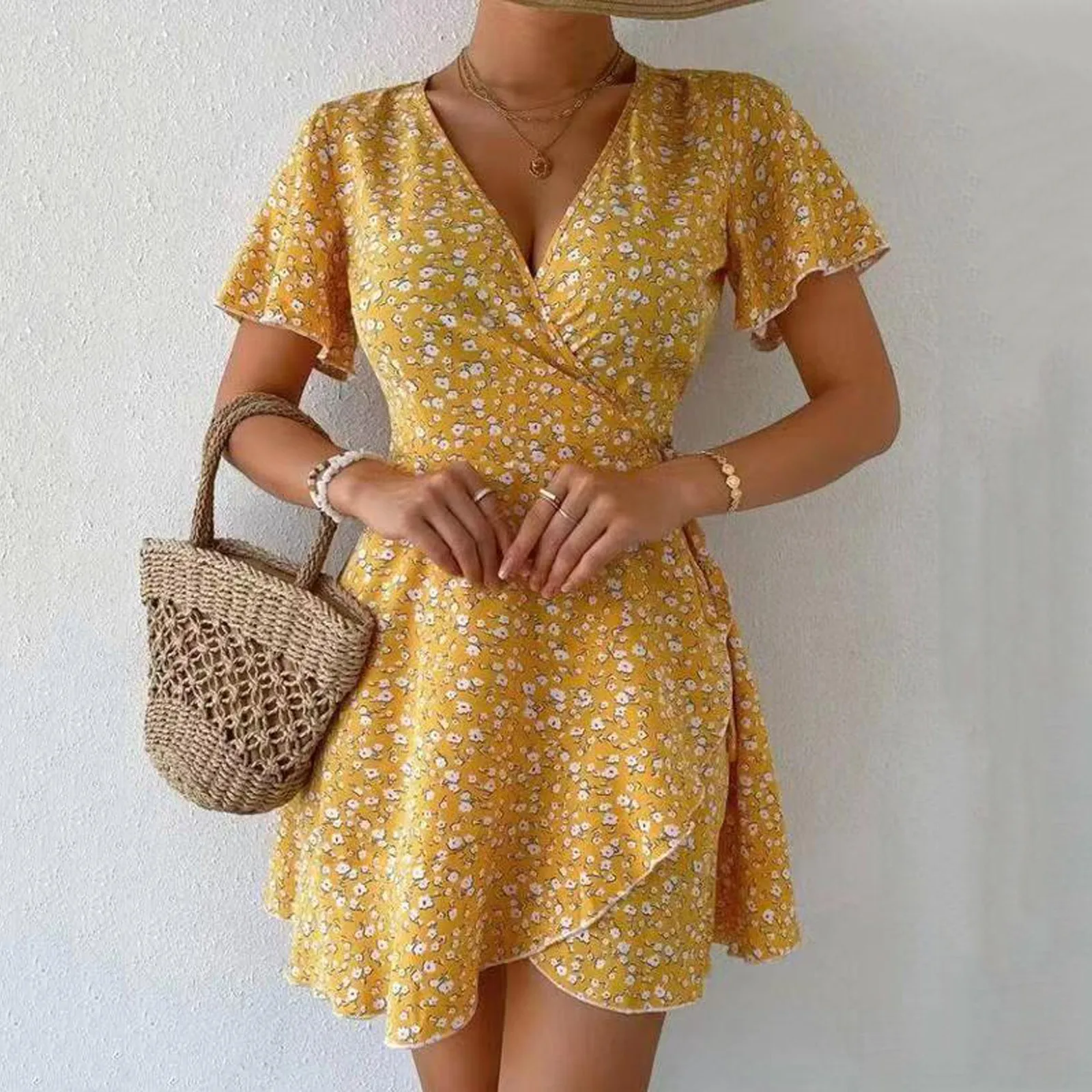 

Ruffle Bandage Dress Short Sleeve Printed Women Casual V-neck Fashion Dresses Women's Elegant And Pretty Swing Dress