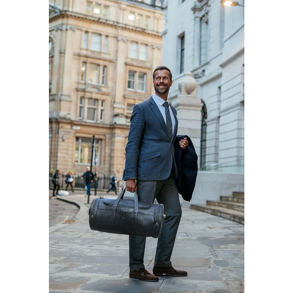 Grande bolsa de viagem de couro de grão integral de 22 polegadas com alças ajustáveis, vários compartimentos e bolsos com zíper para Weeken