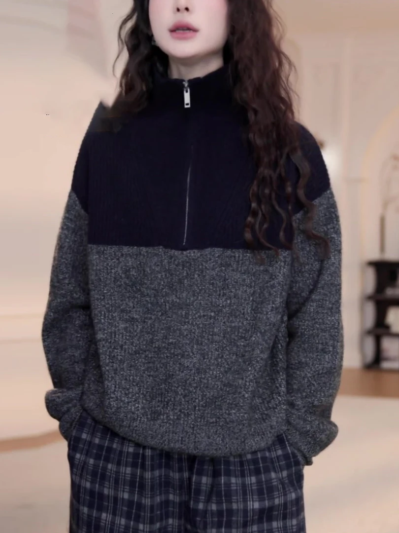怠惰で高級感のあるセミジッパーのコントラストカシミヤセーター、春、秋、冬の女性用ルーズセーター