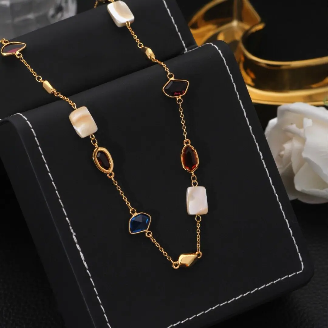 

Dopamine Jewelry Irregular Colorful Necklace & Gold Plated Bracelet with Zircon and Shell Elegant Stacking Set for Women