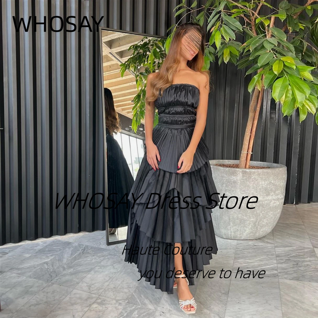 

WHOSAY Black Pleats Tiered Prom Dresses 2024 Ruched Strapless Sexy Backless Cocktail Party Saudi Evening Gowns