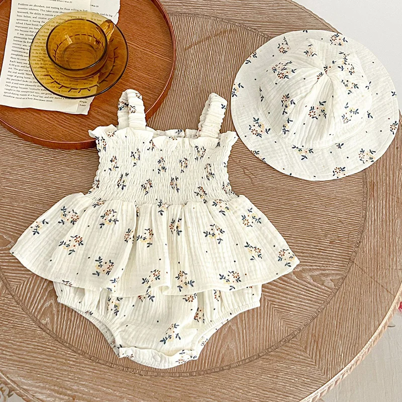 2024 New Summer Toddler Baby Girls Jumpsuit+Hat Sleeveless Cotton Floral Printing Newborn Baby Girl Romper Children Clothing