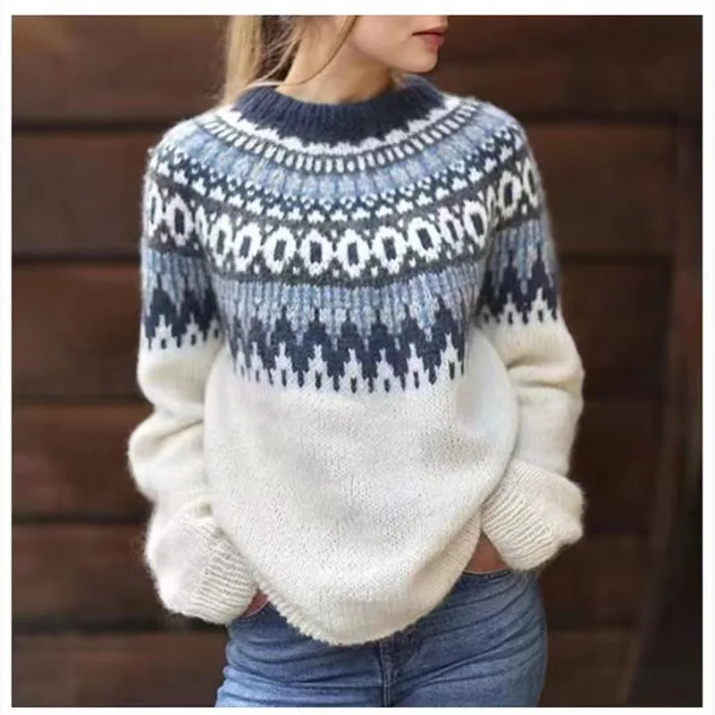 Autumn and Winter Women's Pullover Half High Neck Contrast Flocking Geometric Screw Thread Long Sleeve Sweater Knit Elegant Tops