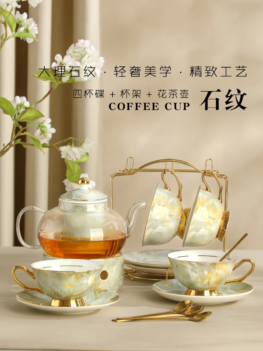 

Light luxury high-end glass teapot candle heating tea set bone china flower red tea cup