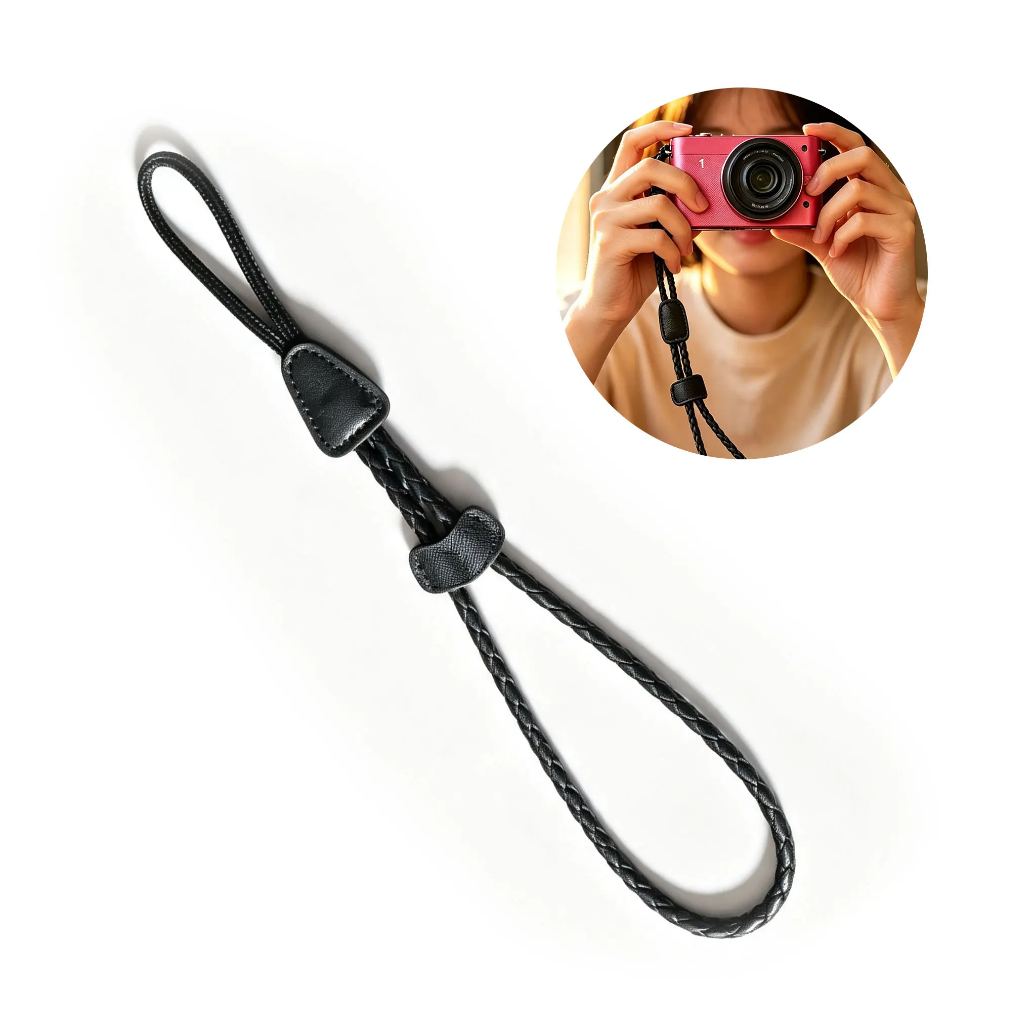 Woven Camera Wrist Strap Hand‑made Leather Hand Lanyard Adjustable Hand Strap for Mirrorless/DSLR/Instant Camera