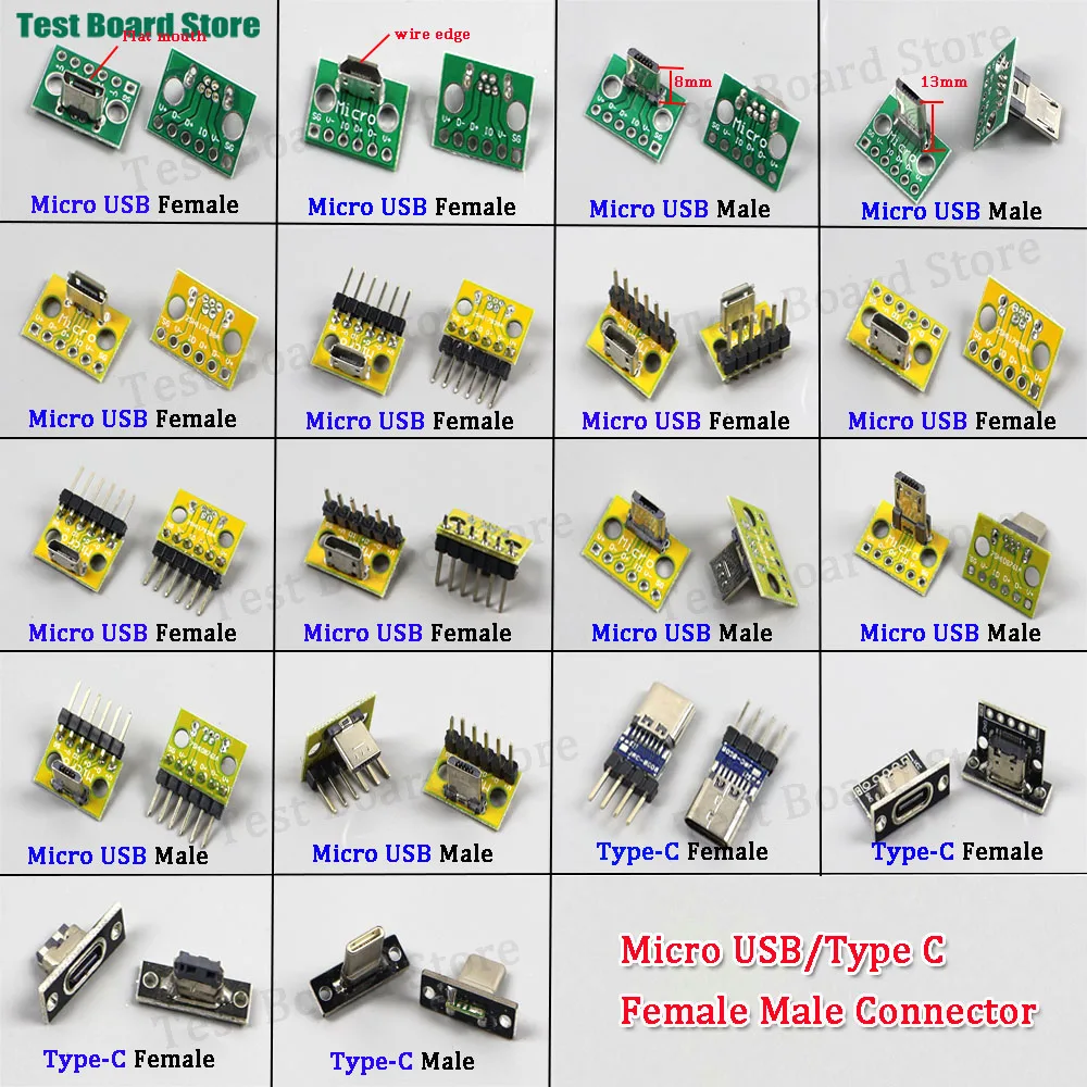 1pcs Vertical USB Micro USB Type C Female Male Head Connector PCB Converter Adapter Breakout Test Board 180 Degree Vertical