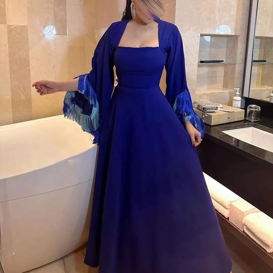 

Navy Blue Square Neck Full Sleeve A-Line Prom Dress Tassel Backless Floor Length Satin Saudi Arabia Evening Party Gown 2023