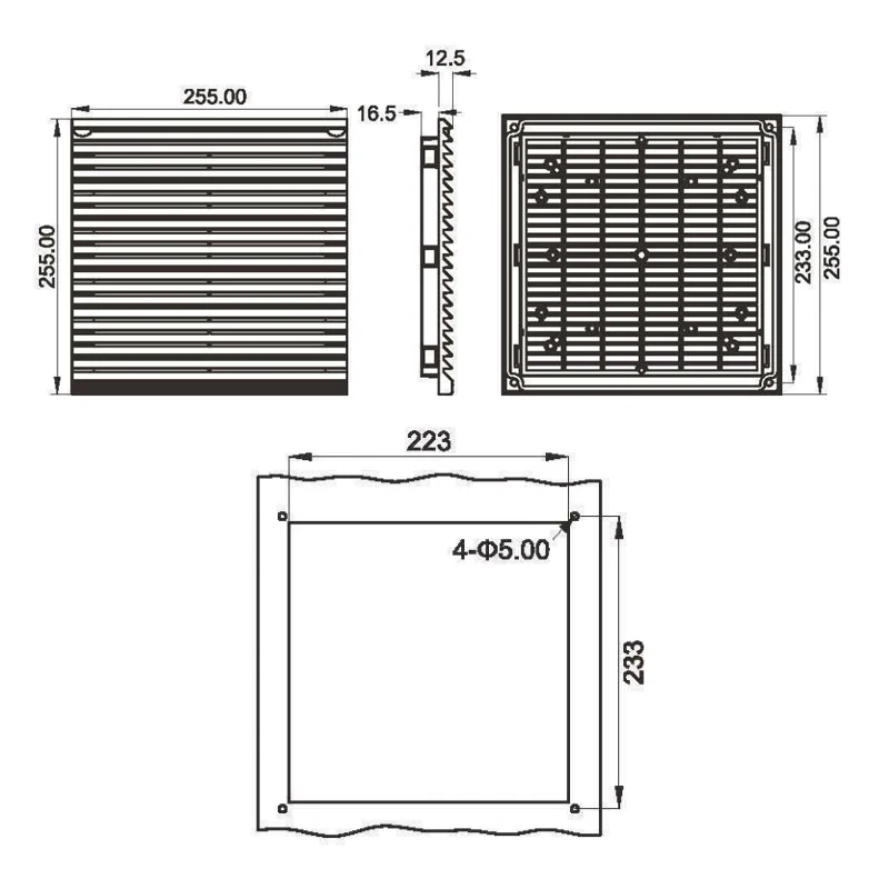 مروحة تهوية 255 × 255 مم 24 فولت/12 فولت تيار مستمر AC220V RAL7035 مروحة فلتر الهواء مع مروحة تبريد 172 مم للوحة المفاتيح والغلاف