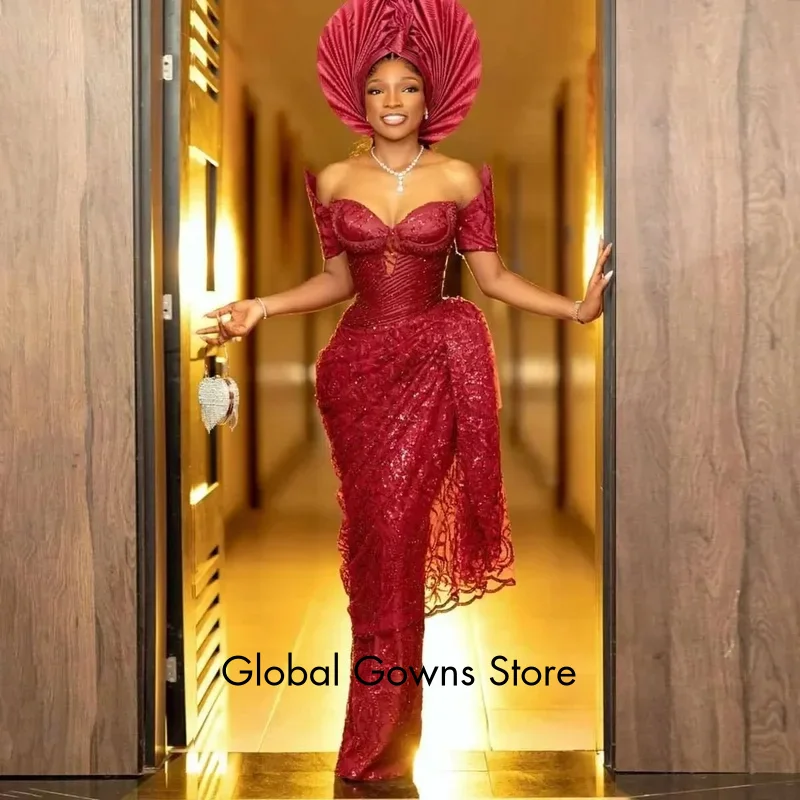 

Sexy Sequin Prom Dresses Dropped Sleeves Lace Burgundy Formal Gowns Floor Length Straight Evening Dress