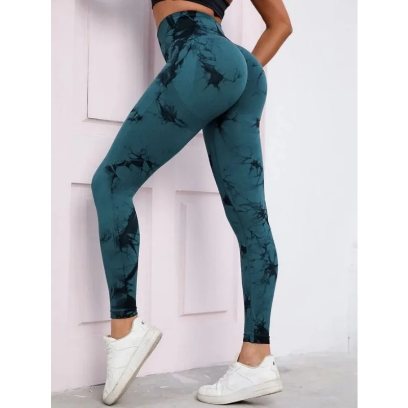 Legginsy damskie z wysokim stanem, bezszwowe, tie-dye, do fitnessu, sportu, biegania, jogi, modelujące pośladki, elastyczne, dzianinowe rajstopy.