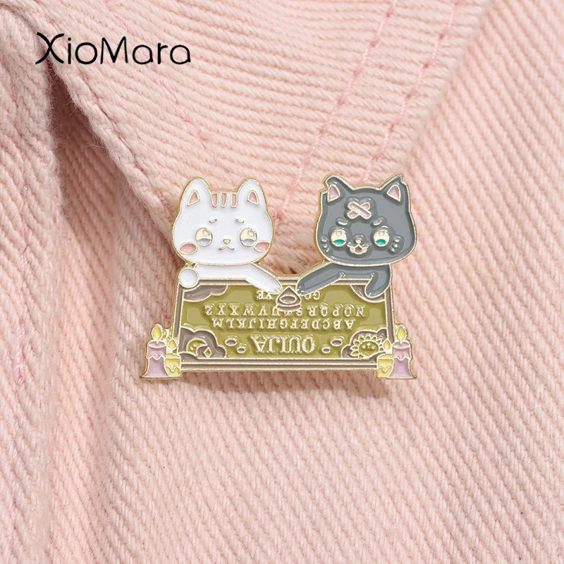 White And Black Cat Ouija Board Enamel Cartoon Cute Witch Wicca Brooch Lapel Backpack Badge Divination Jewelry Gift For Friends