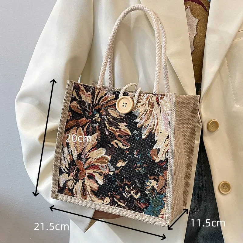 Student Handbag  New Open Korean Canvas Bag Fashion Flower Design Buckle Lunch Box Bag Small Square Bag for Women