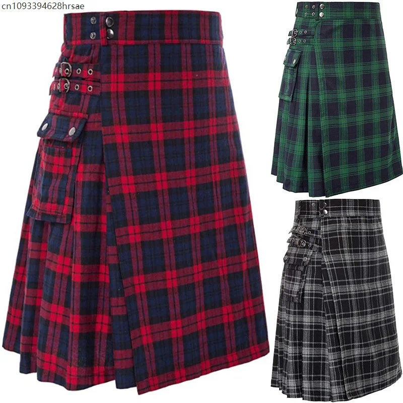 

Gothic Punk Kilt Scottish Tartan Dress Red Plaid Pleated Waist Skirt With Buckle Europe Men Clothes Cosplay Costumes Halloween