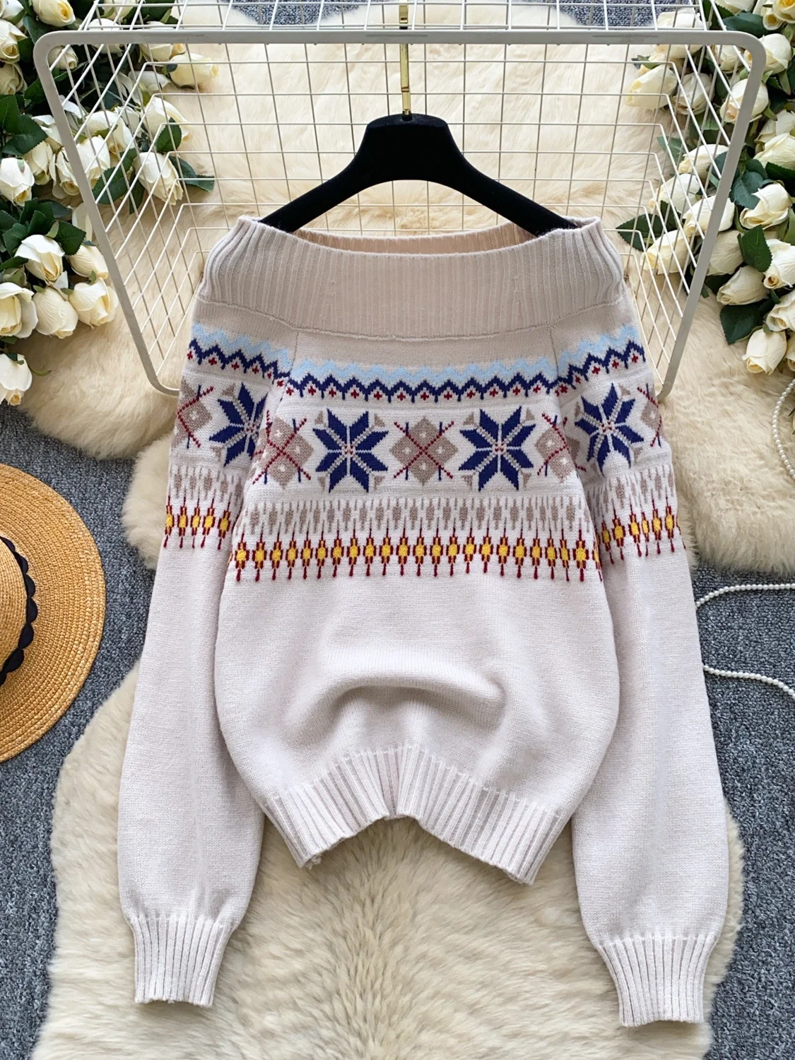 فضفاض محبوك سترة المرأة oulder Baring مطبوعة التخسيس الشتاء Faion عادية تنوعا طويلة Sve V-Ne سترة