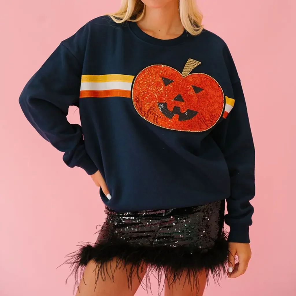 Women’s Y2K Halloween Sweatshirts Gothic Sequined Ghost/Pumpkin/Cone Embroidery Long Sleeve Pullover Hoodies Tops