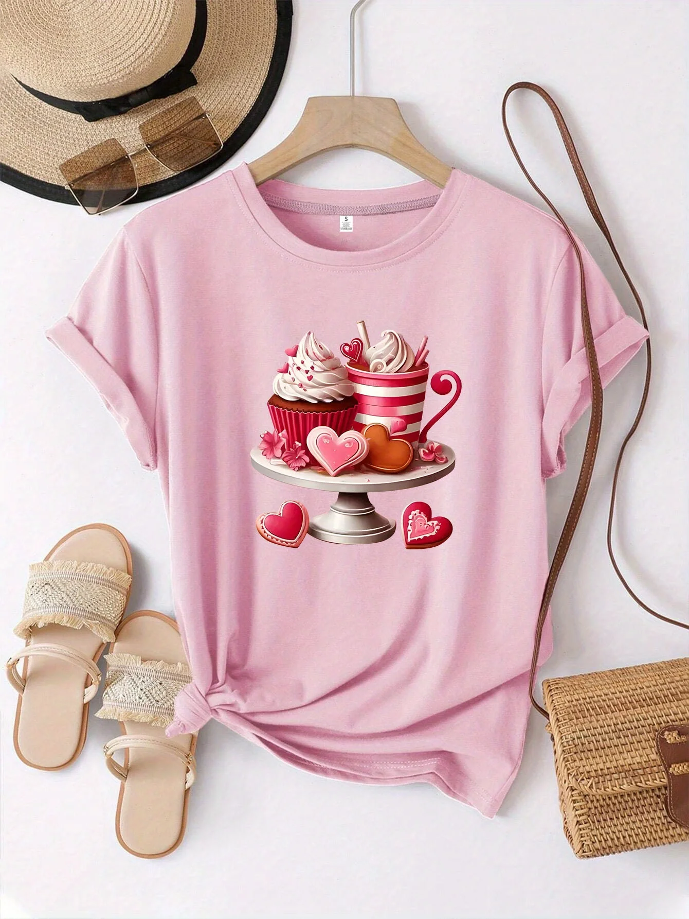 Vibrant Yellow Dessert T-shirt Women's Casual Short-sleeved T-shirt Dessert Pattern Print Cupcake Macaron and Heart Shape Y2K