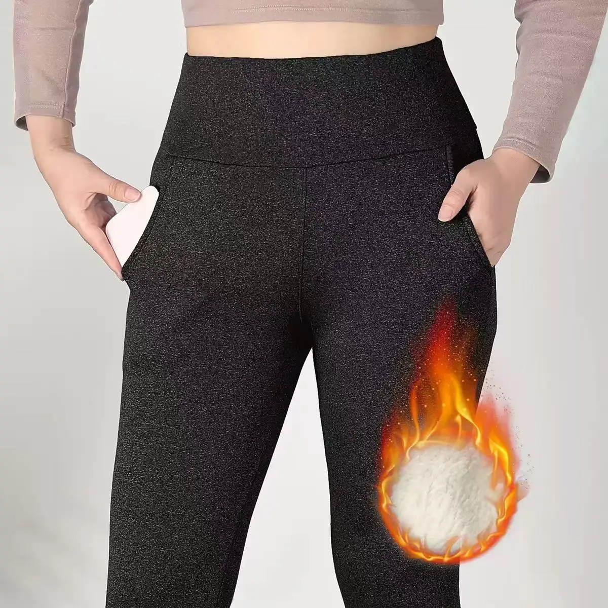 

High-Waisted Fleece-Lined Thick Yoga Pants Women's Warm Comfortable Slimming Trousers with Pockets Ankle-Length Pants