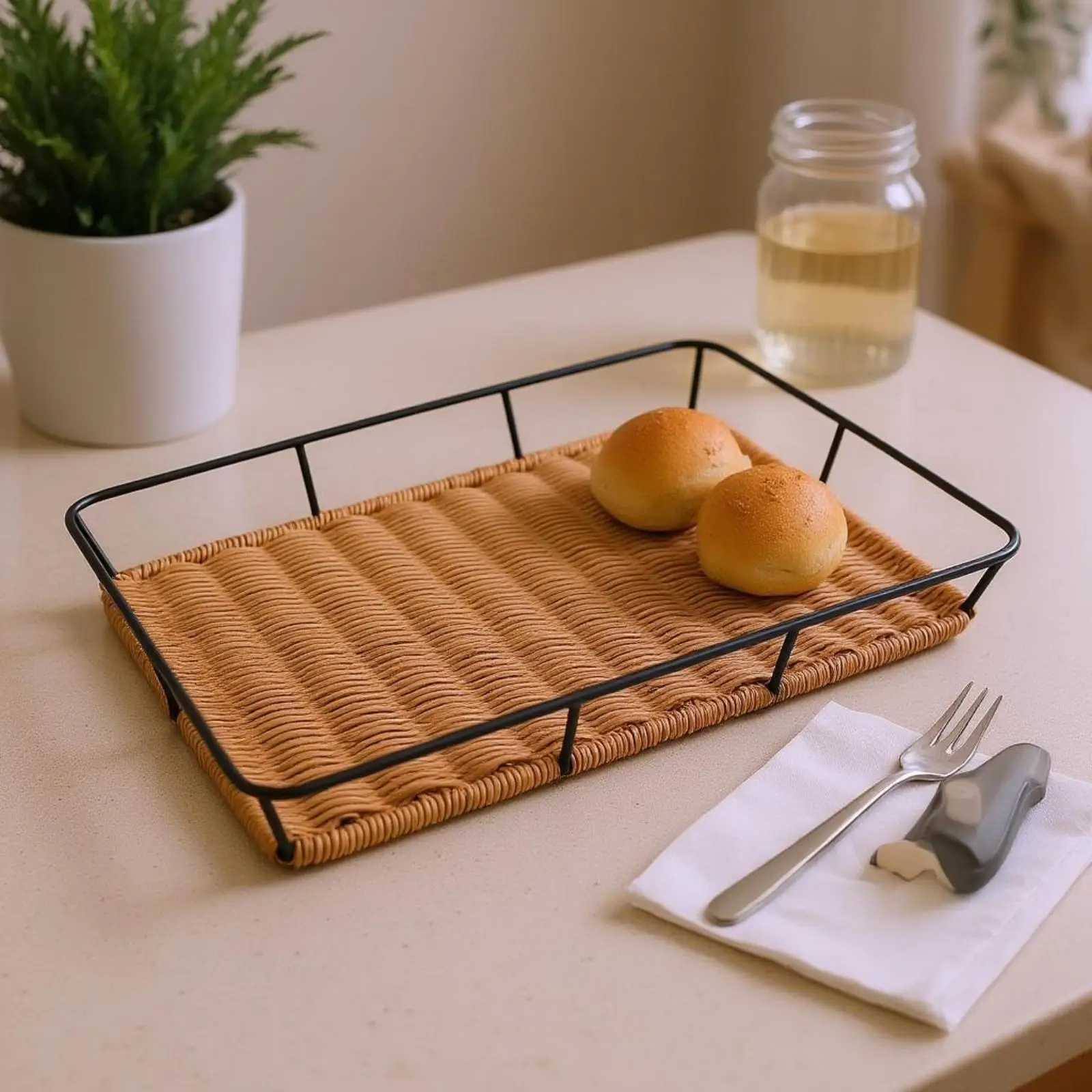 Large Rattan Bread Basket Tray with Iron Wire Edge for Serving Sliced Bread and Rolls