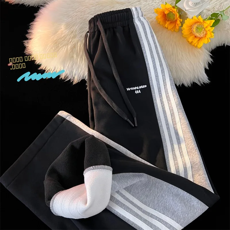 

Men's Fce Lined Straight Leg Thiened Casual Sports Pants Autumn Winter Vintage American Brand Trendy Striped Loose Fit S...