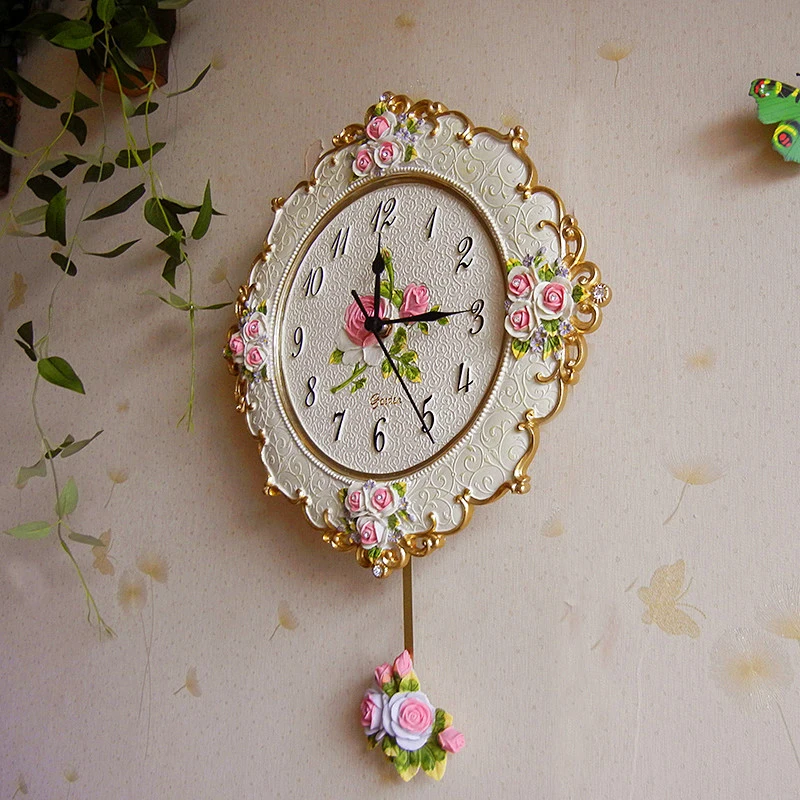 Luxury Pink Wall Clock Vintage Swing Pendulum Clock Wall Creative Living Room Bedroom Watch Silent Shabby Chic Wall Clocks Resin