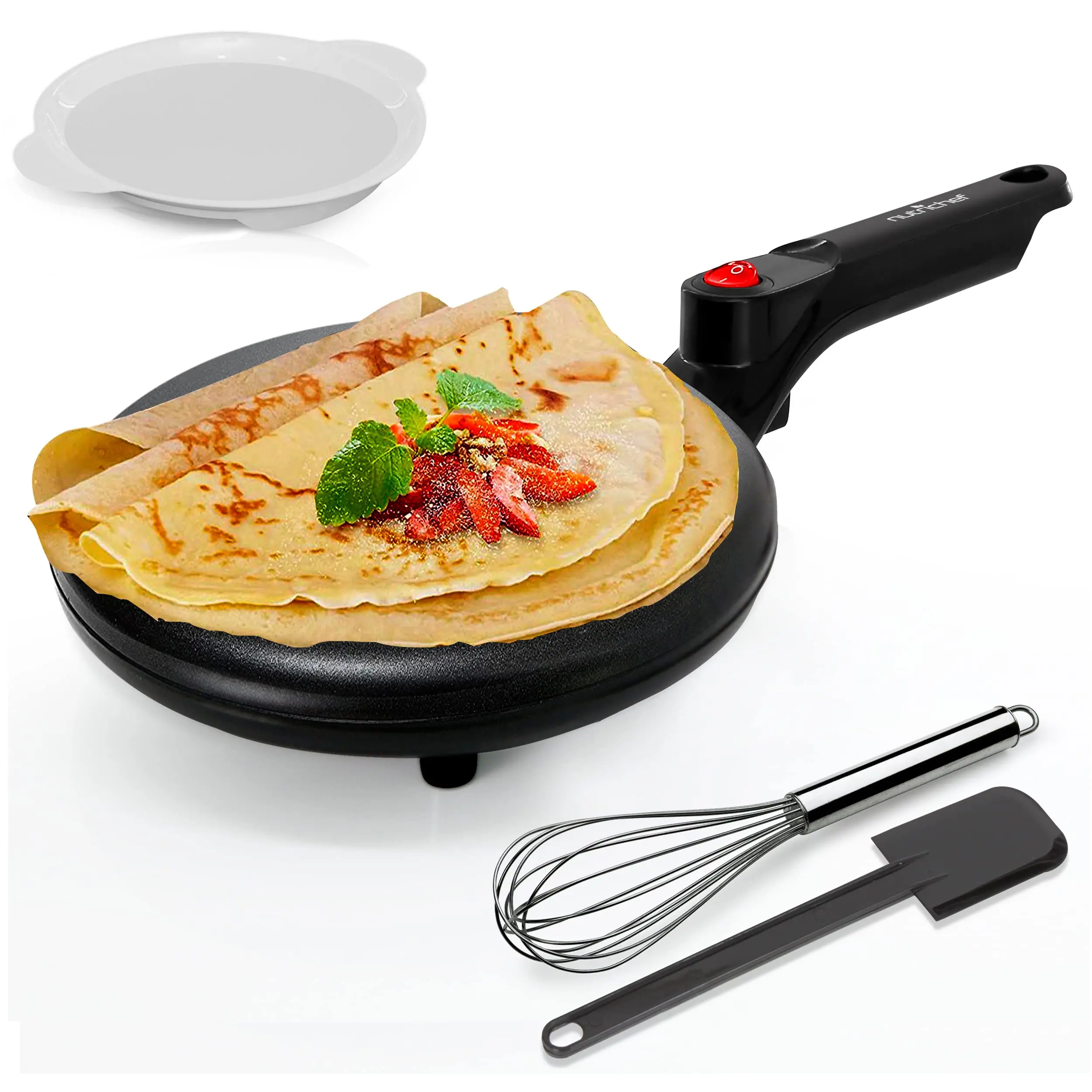 8inch Electric Crepe Maker Nonstick Frying Pan,Automatic Temperature Control,Cooks Roti Tortillas Pancakes Includes Bowl Whisk