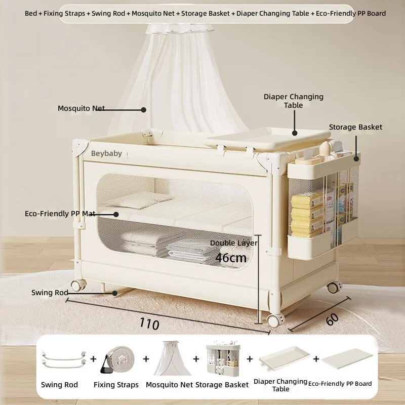 Baby Crib Multifunctional Portable Rocking Bed, Foldable, Adjustable Height, Diaper Changing Table, Mosquito Net