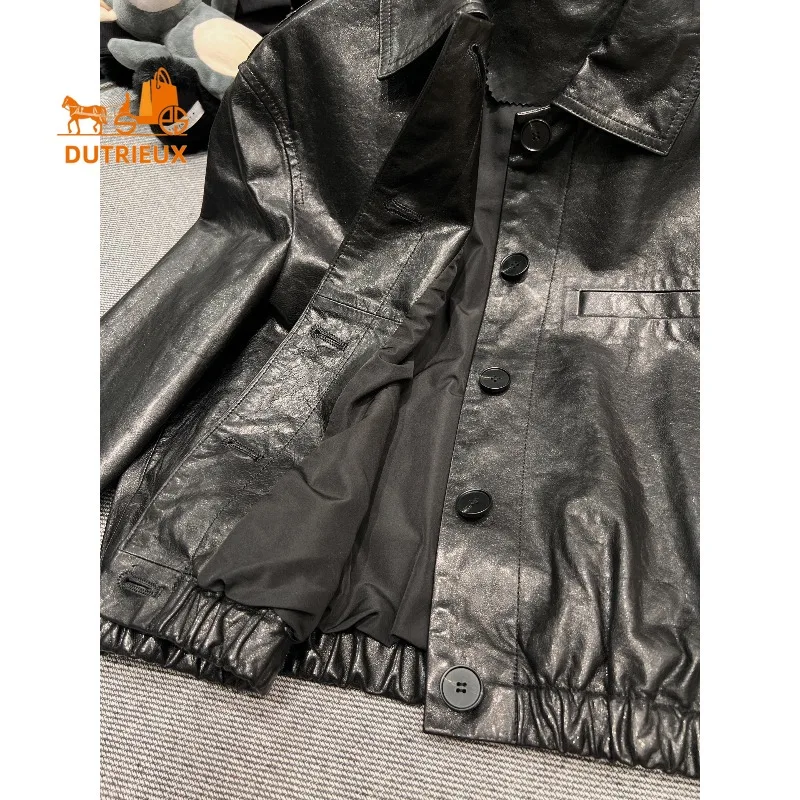 Giacca da donna in vera pelle dal design elastico in vita con risvolto autunnale, cappotto classico rigoro squisito ed elegante in vera pelle di pecora al 100%.