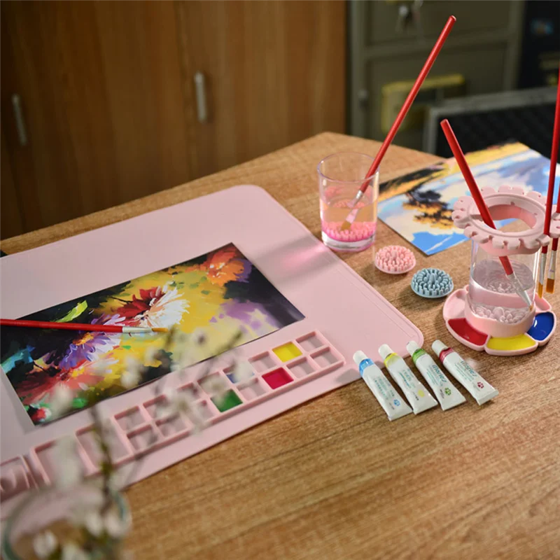 SR-Washable Silicone Craft Graffiti Painting Mat DIY Silicone Painting Scrubbable Pigment Palette Painting Pad Pink Easy To Use
