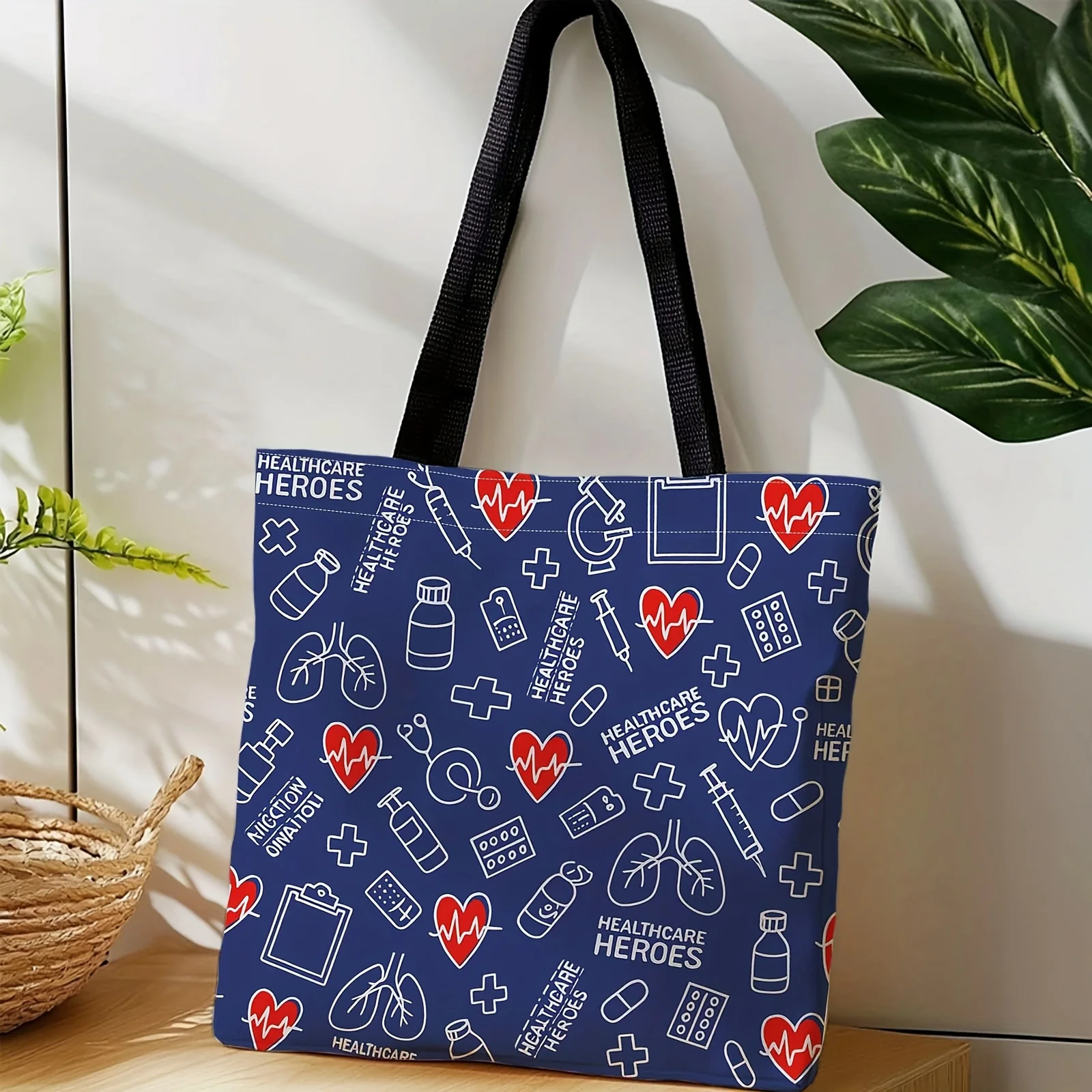 Healthcare Heroes Tote Bag - Medical Icons Heart Stethoscope Cross, Plus Signs Open Top Shoulder Bag