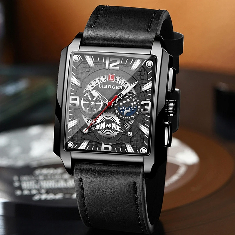 Vintage Fashion Men Watch Top Brand Auto Date Big Rectangle Dial Business Man Quartz Watches Calendar Time Gifts