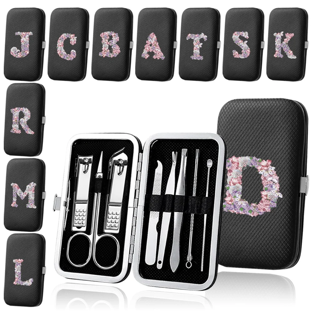 

8Pcs Stainless Steel Manicure Portable Nail Clippers Set Organizer Pedicure Kit Makeup Tool Case Home Rose Flower Letter Pattern