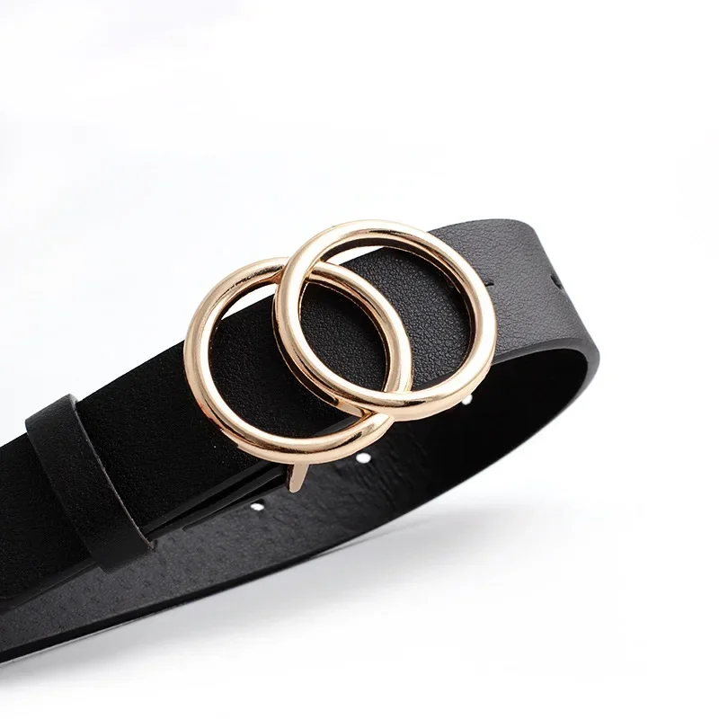 2.7X107cm Fashion Women Leather Belt Classic Retro Metal Double Round Buckle Waist Belt Leisure Dress Jeans Decoration Waistband