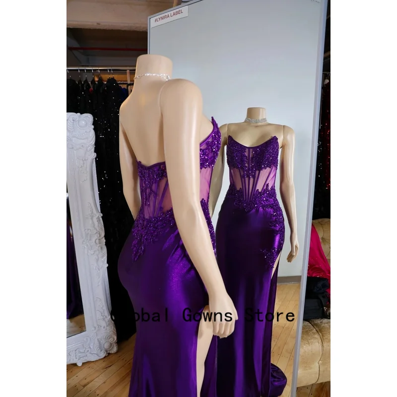 흑인 소녀들을 위한 보라색 긴 댄스 파티 드레스 쉬어 슬릿 비즈 아메리칸 아프리카 이브닝 가운 생일 파티 가운 맞춤형
