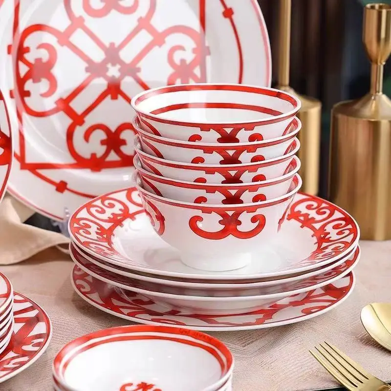 European-style Chinese red series dishes and dishes set, bone china tableware 36 heads, home wedding celebration set, gifts