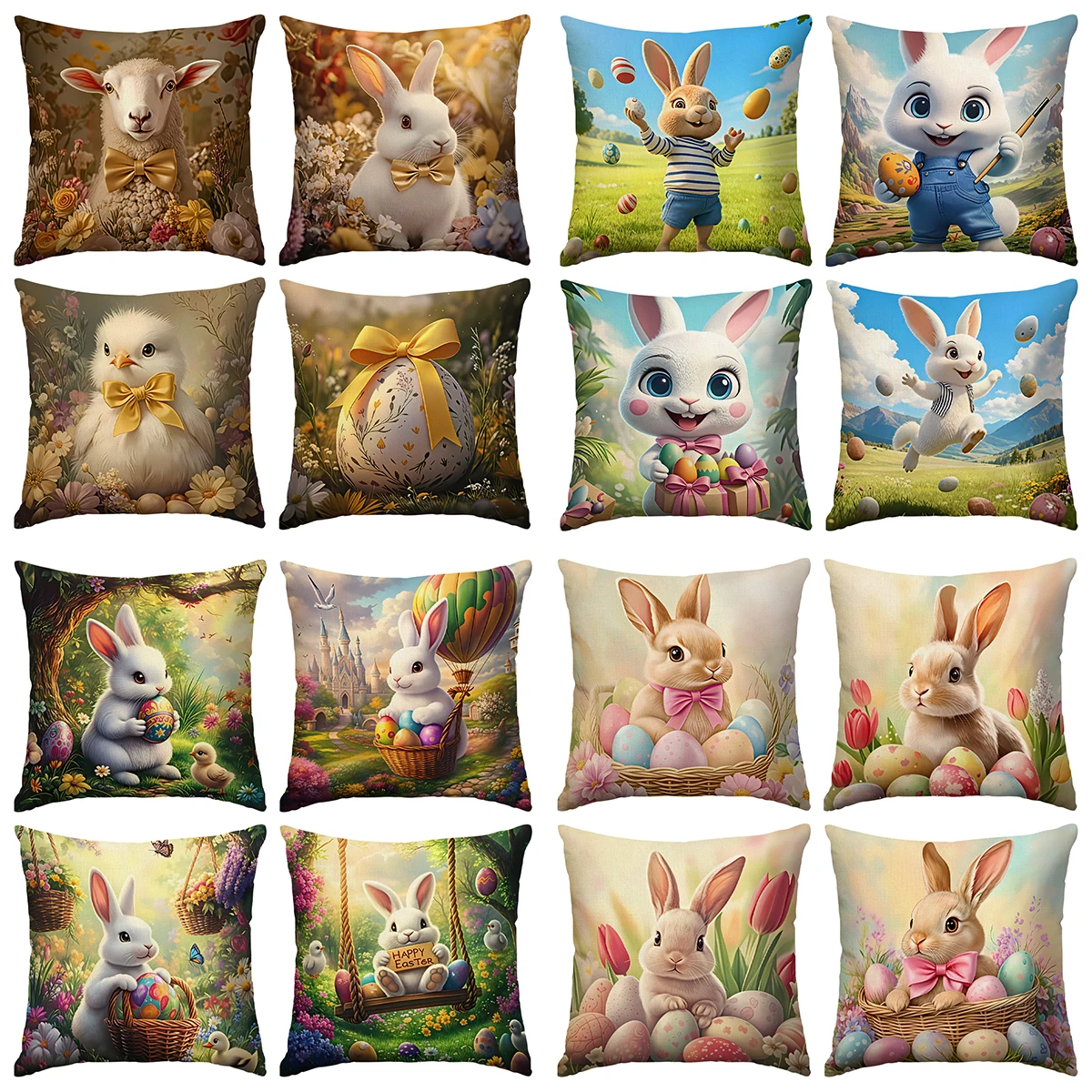 4pcs Easter Happy Pillowcase, Cute Rabbit, Plant Flowers, Easter Egg Pillowcase, Easter Party Decoration Sofa Cushion Cover