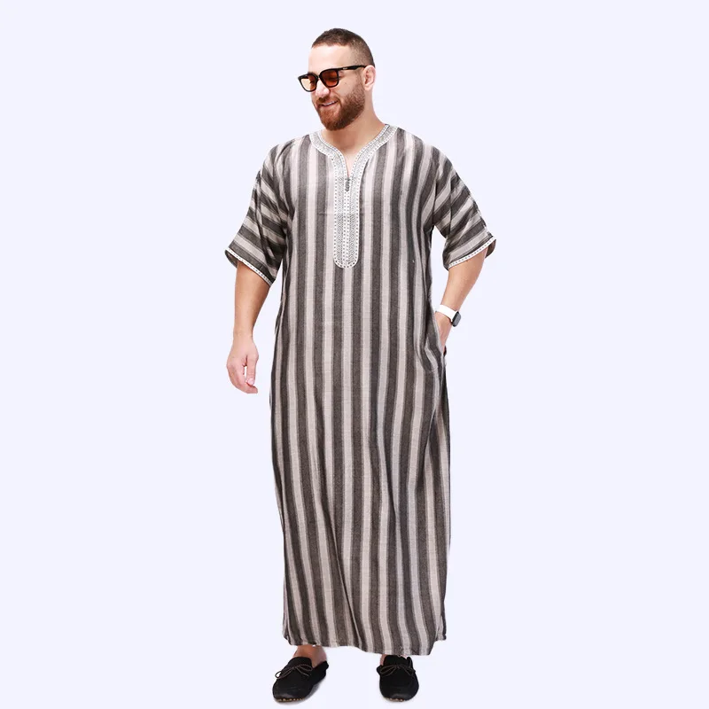 New Muslim Robes Men Jubba Thobe Stripes Short Sleeve Islamic Traditional National Loose Hombre Clothing Dubai Arab Kaftan Abaya