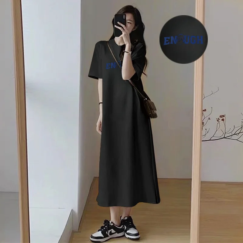 Summer Women Casual Long T Shirt Dress ENOUGH Letter Print Short Sleeve Loose Oversized Side Split Midi Dress
