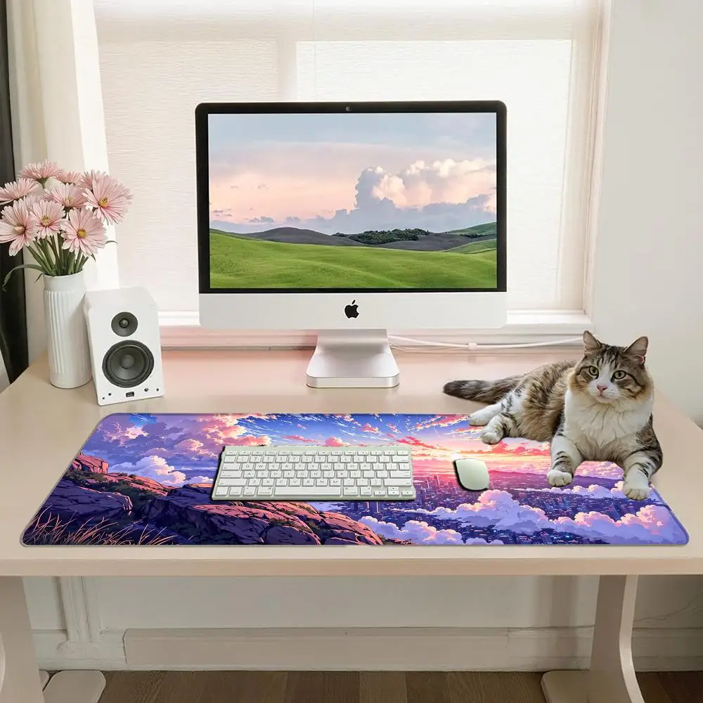 Anime Boy Cliff Over City Sea of Clouds Large Gaming Mouse Pad Sunset Anime Landscape Desk Mat alfombrillas gaming