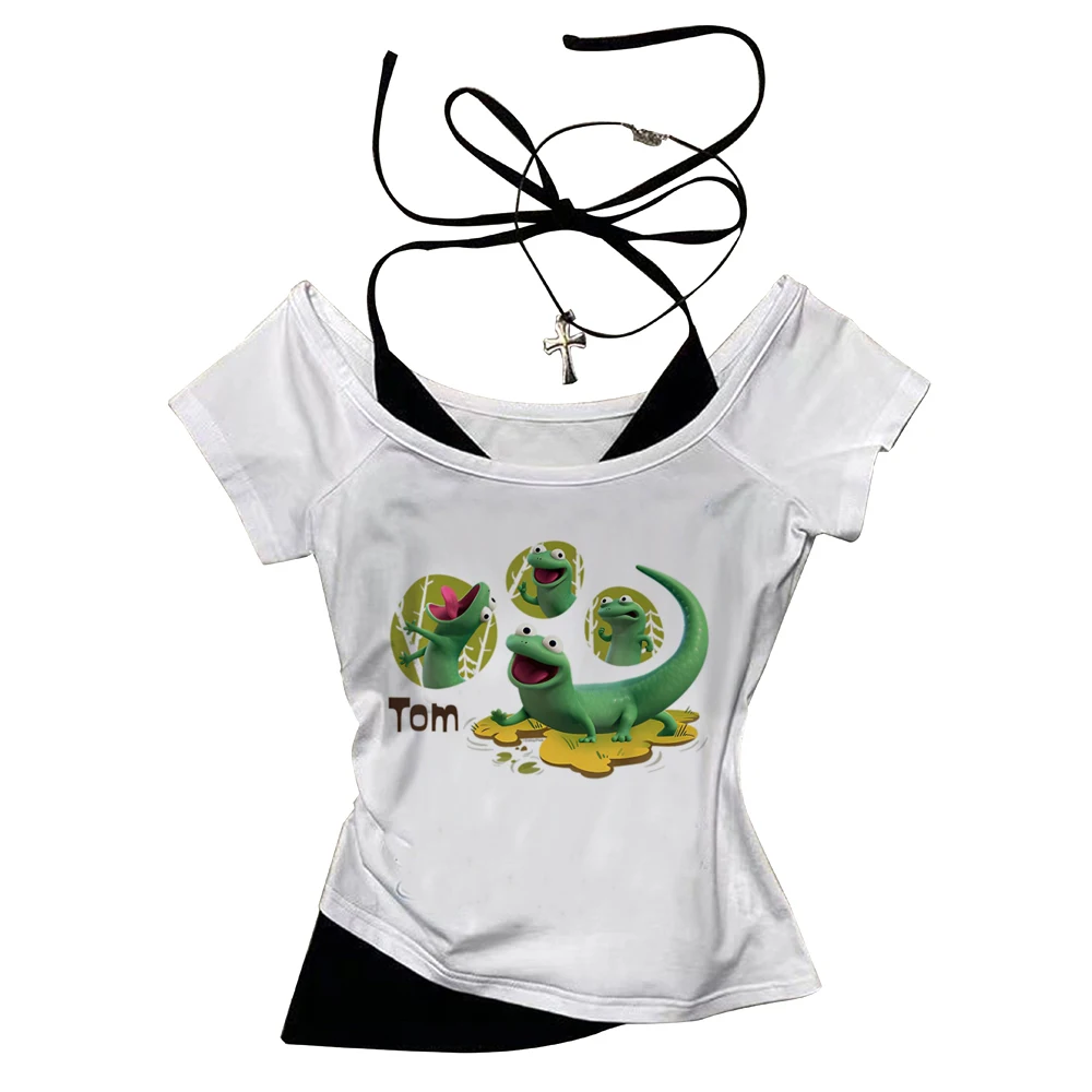 Lizard cropped top girl graphic manga grunge cute streetwear t shirt vintage gyaru baddie emo y2k