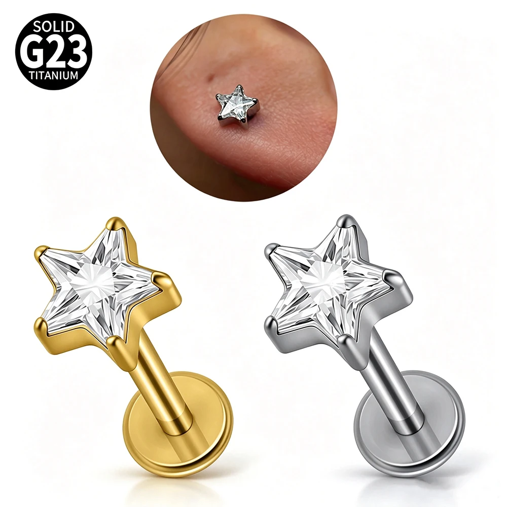 1PC G23 Titanium Clear Zircon Star Labret Lip Ring Internal Thread Ear Cartilage Tragus Helix Conch Flat Piercing Jewelry 16G
