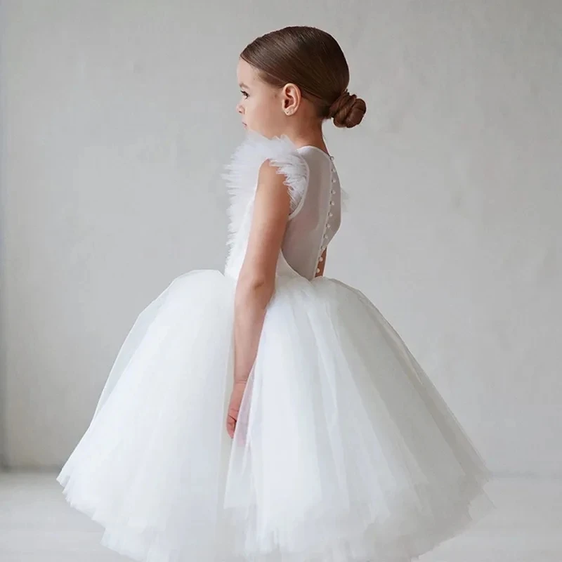 2024 New Summer Girls Dress Elegant Fashion Little Princess Dress Long Tulle Kids Lace Wedding Ceremony Dresses For 2-10 Years