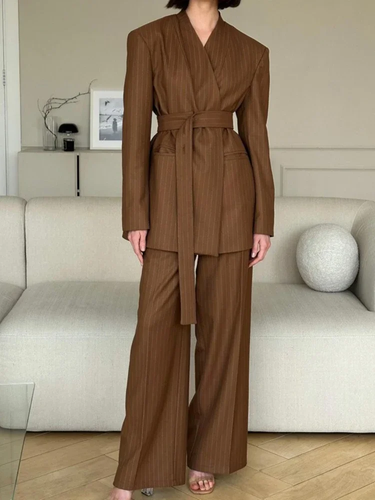

V-Neck Striped Belted Suit Pants Two-Piece Set Commuting Fashion Long Sleeves Autumn 2024 Patchwork Women's Pants Sets