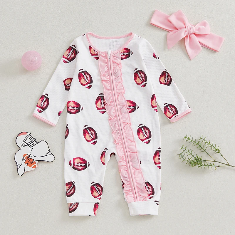 

Футбольный наряд для маленьких девочек, вафельный комбинезон с длинными рукавами и рюшами в стиле регби, повязка на голову с галстуком, комплект из 2 предметов на осень