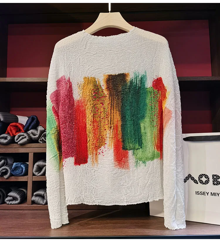 Imagem -05 - Yudx Miyake Plissado Pintura a Óleo Color Blocking em Torno do Pescoço Longo-sleeved Primavera Verão Ponto Mulheres Vestuário Gráfico Camisetas